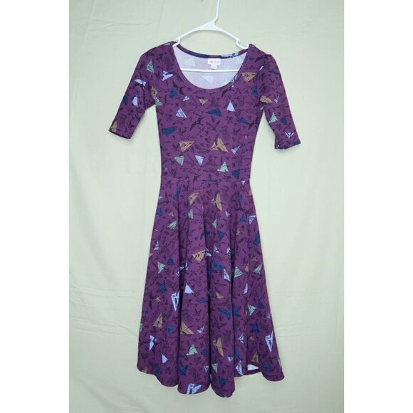 LuLaRoe Nicole Dress Fit Flare Purple Bird Patterned Stretch Scoop Neck Size XXS - Picture 1 of 12